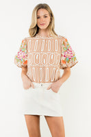 THML Geometric Print Top with Floral Embroidery Sleeves in Brown