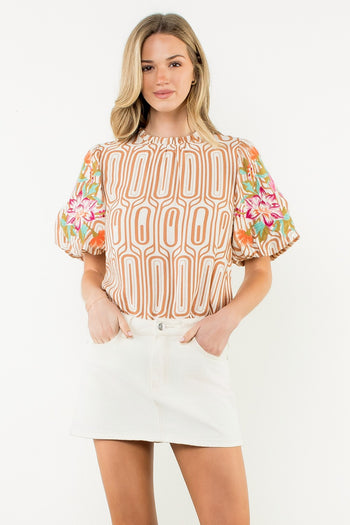 THML Geometric Print Top with Floral Embroidery Sleeves in Brown