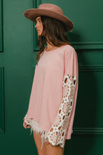 Load image into Gallery viewer, BiBi French Terry Pullover Top with Crochet Sleeves in Blush
