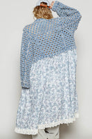 POL Textured Fabric and Floral Print Cardigan in Deep Denim