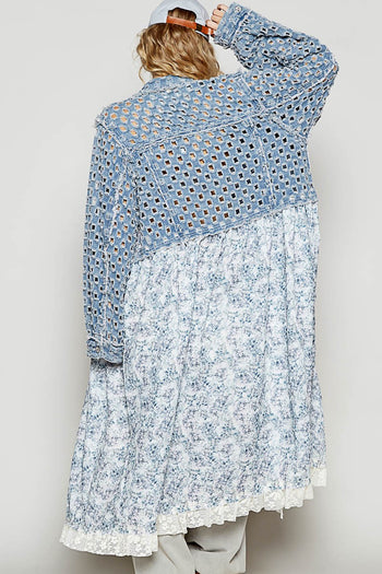 POL Textured Fabric and Floral Print Cardigan in Deep Denim