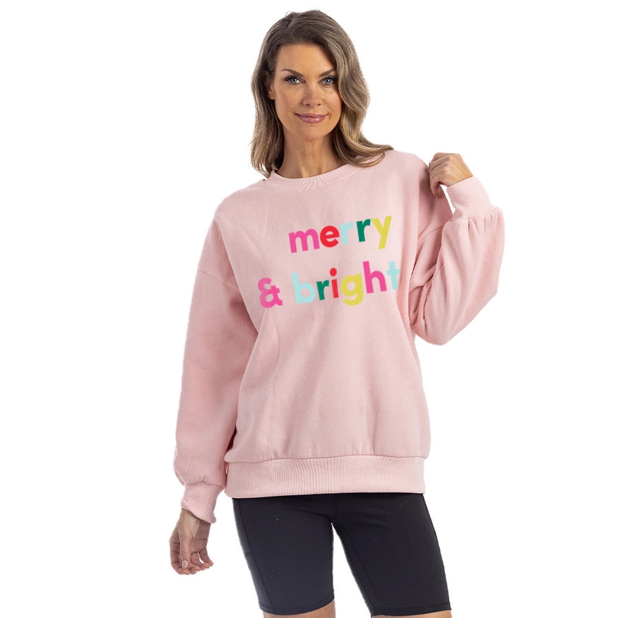 Katydid Merry & Bright Christmas Sweatshirt in Light Pink Shirts & Tops Katydid   