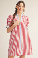 Jodifl Striped Button Front Puff Sleeve Dress in Red ON ORDER