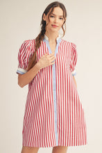 Load image into Gallery viewer, Jodifl Striped Button Front Puff Sleeve Dress in Red ON ORDER
