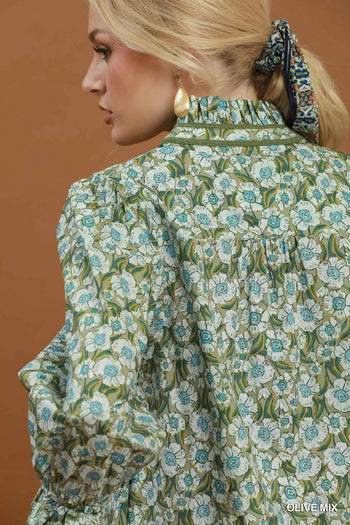Umgee Mix Floral Print Mandarin Collar Blouse in Olive Mix