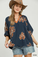 Umgee Floral Embroidered V-Neck Relaxed Top in Denim