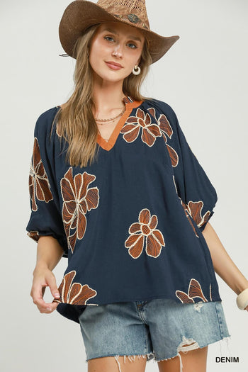 Umgee Floral Embroidered V-Neck Relaxed Top in Denim