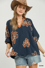 Load image into Gallery viewer, Umgee Floral Embroidered V-Neck Relaxed Top in Denim
