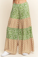 J.nna Color Block Mixed Print Tiered Pants in Green Multi