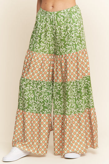 J.nna Color Block Mixed Print Tiered Pants in Green Multi