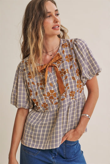 In February French Farm Bubble Sleeves Plaid Embroidered Babydoll Blouse in Dark Cobalt