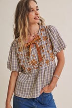 Load image into Gallery viewer, In February French Farm Bubble Sleeves Plaid Embroidered Babydoll Blouse in Dark Cobalt
