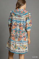Umgee Border Print Dress in Blue Mix