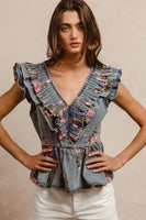 BiBi Washed Denim Top with Floral Print in Denim