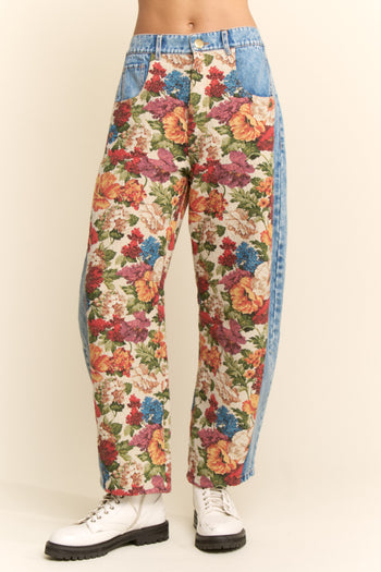 Davi & Dani Floral and Denim Pants in Beige/Denim Blue