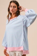 Load image into Gallery viewer, BiBi French Terry Striped Top with Uneven Hemline in Lt Blue/Blush
