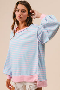 BiBi French Terry Striped Top with Uneven Hemline in Lt Blue/Blush