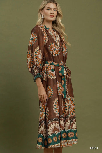 Umgee Abstract Print Belted Midi Dress in Rust