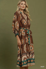 Load image into Gallery viewer, Umgee Abstract Print Belted Midi Dress in Rust
