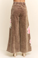 Davi & Dani Washed Corduroy Pants with Printed Flowers in Washed Brown