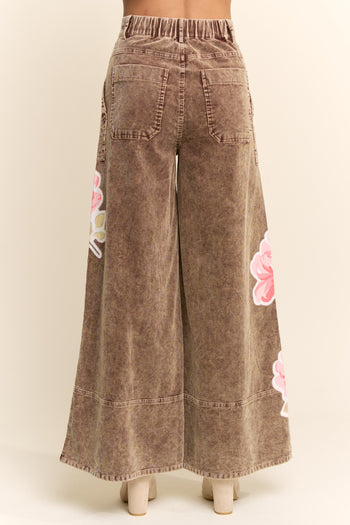 Davi & Dani Washed Corduroy Pants with Printed Flowers in Washed Brown