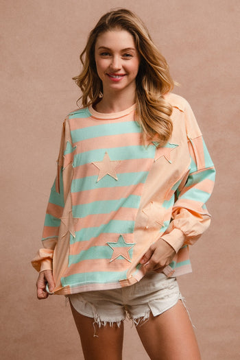 BiBi Striped and Star Patched Top in Peach/Mint