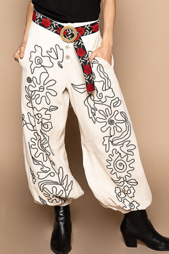 POL Floral Embroidered Twill Joggers in Oatmilk