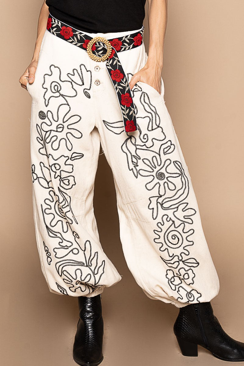 POL Floral Embroidered Twill Joggers in Oatmilk – June Adel