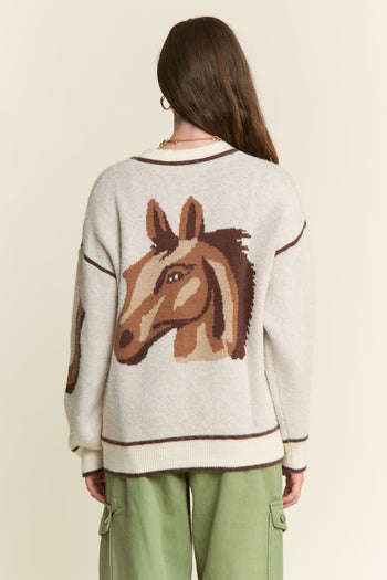 J.nna Soft Knit Horse Print Back Cardigan in Oatmeal Brown