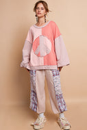 POL Color Block Peace Sign Patch Front Top in Coral/Pink FINAL SALE