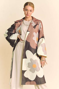 Davi & Dani Bold Retro Floral Print Jacket in Mocha Brown