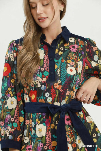 Umgee Floral Print Belted Puff Sleeve Mini Dress in Midnight