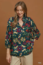 Load image into Gallery viewer, Umgee Floral Print Split Neck Blouse in Teal
