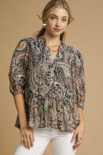 Load image into Gallery viewer, Umgee Paisley Print Peplum Top in Black/Pink
