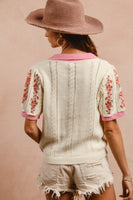 BiBi Lightweight Knit Top with Floral Embroidery in Ivory/Pink
