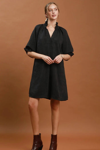 Umgee Floral Textured Jacqaurd V-Neck Dress in Black