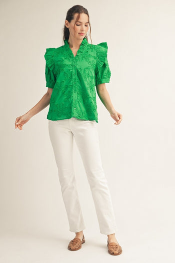 Jodifl Ruffle Detail Button Down 3D Floral Top in Kelly Green