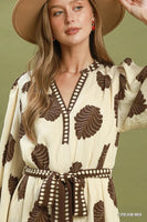 Umgee Mix Leaf Print Belted Midi Dress in Cream Mix