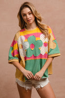 BiBi Mix n Match Stripes Dolman Top with Flower Patches on Front in Honey Combo