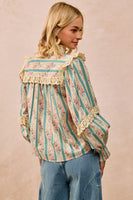 BiBi Stripe and Floral Print Top with Eyelet Lace Trim in Teal