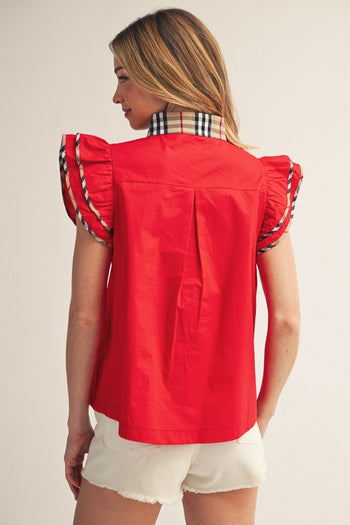 Jodifl Solid Color Woven Top with Plaid Accents in Red