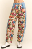 Davi & Dani Floral and Denim Pants in Beige/Denim Blue