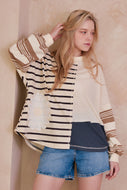 mello. OVERSIZED Mixed Fabric Color Block Daisy Patch Top in Multi Brown