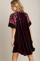 Umgee Velvet Mini Dress with Floral Embroidery in Eggplant