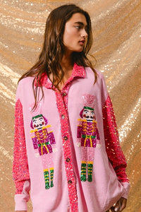 BiBi OVERSIZED Thermal Knit Shacket with Sequin Nutcrackers on Front and Velvet Sequin Sleeves in Pink