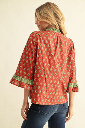 Jodifl Bell Sleeves Ruffle Detail Floral Top in Brick