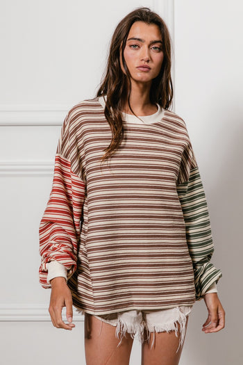 BiBi Multi Color Mixed Striped Top in Mocha/Rust/Olive