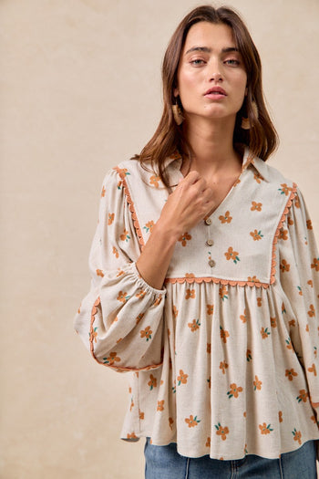 BiBi Small Flower Print Top with Ric Rac Trim Detail in Oatmeal/Orange