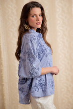 Load image into Gallery viewer, BiBi Stripe Embroidered Short Sleeves Button Blouse in Chambray
