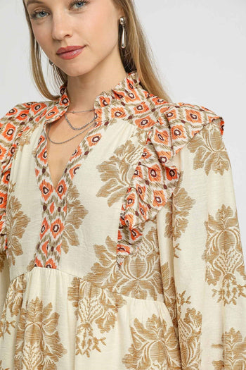 Umgee Damask Print Mini Dress with Ikat Border Print in Latte Mix